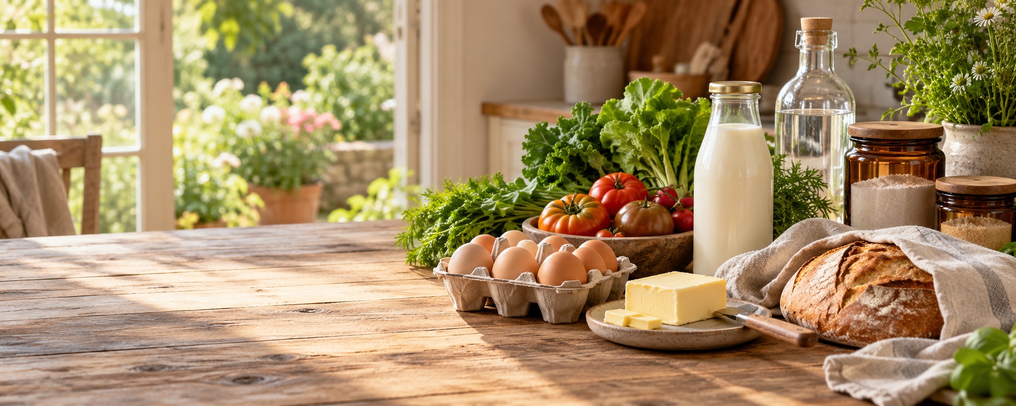 Organic groceries and natural home essentials arranged on a sunlit kitchen table